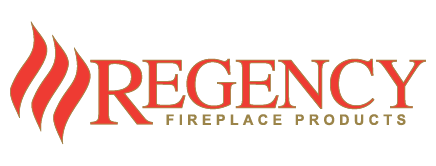 Logo of regency fireplace products. The logo consist of 2 squiggly thickened lines next to the Word Regency. the words fireplace products is written in smaller text under the word Regency.